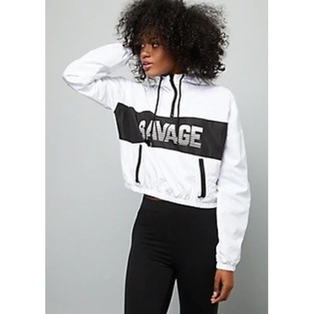Rue21 Women's Savage Cropped Windbreaker Jacket WhiteBlack Small Hooded Pullover